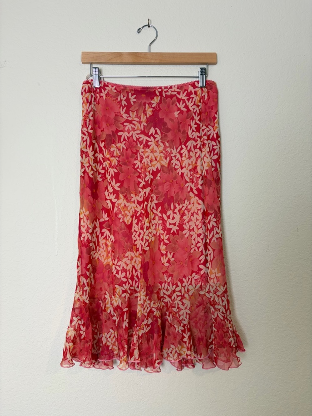 Vintage Y2K La Belle Floral Pink Tiered Ruffle Slip Hippie Boho Chic Midi Skirt